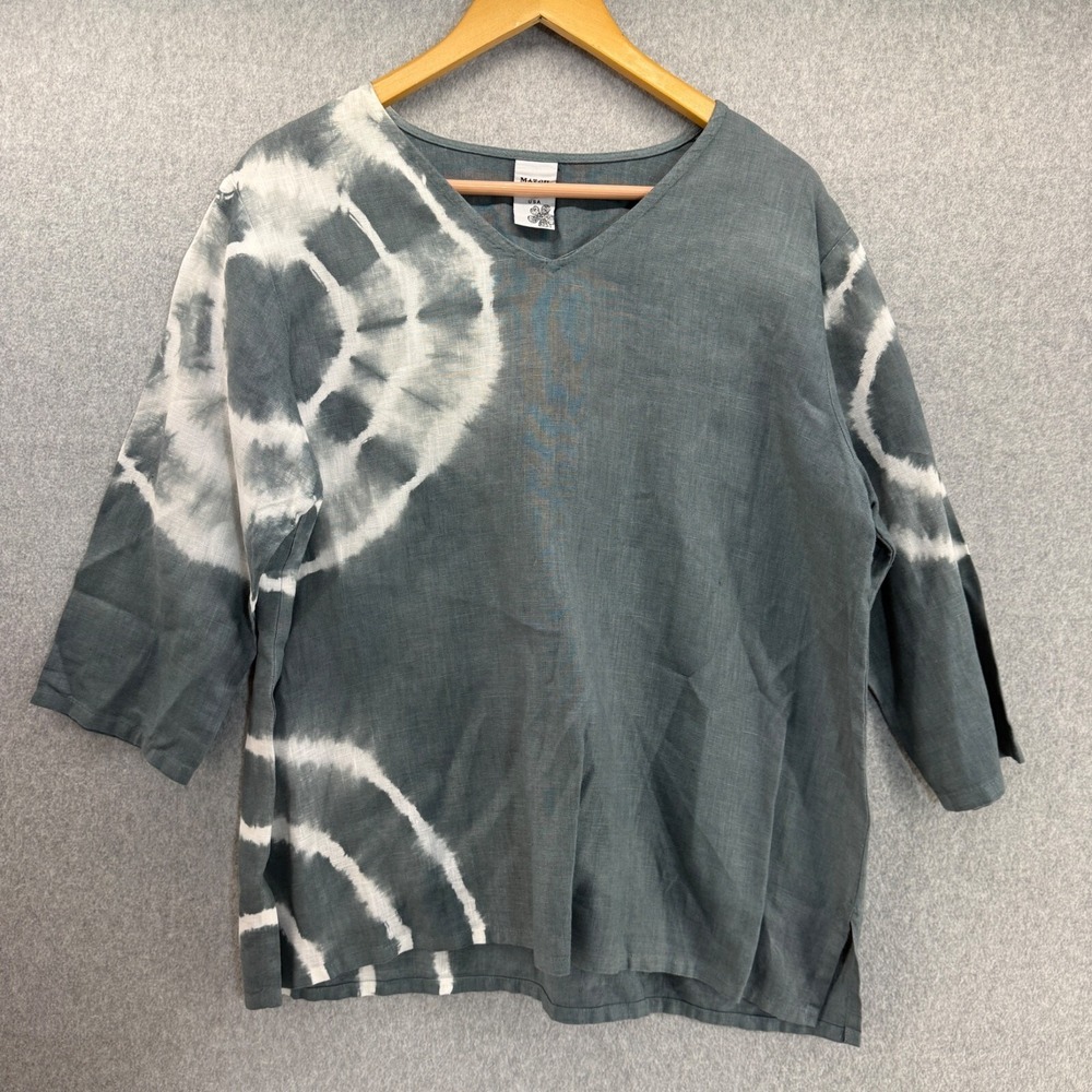 Match Point Women's Medium Blue Gray Tie-Dye Linen Top Shirt Blouse 3/4 Sleeve